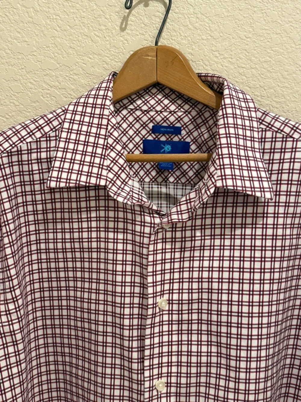 Red Navy Plaid Button Down Shirt Mens XL Non-Iron Cotton Classic Men’s Wearhouse